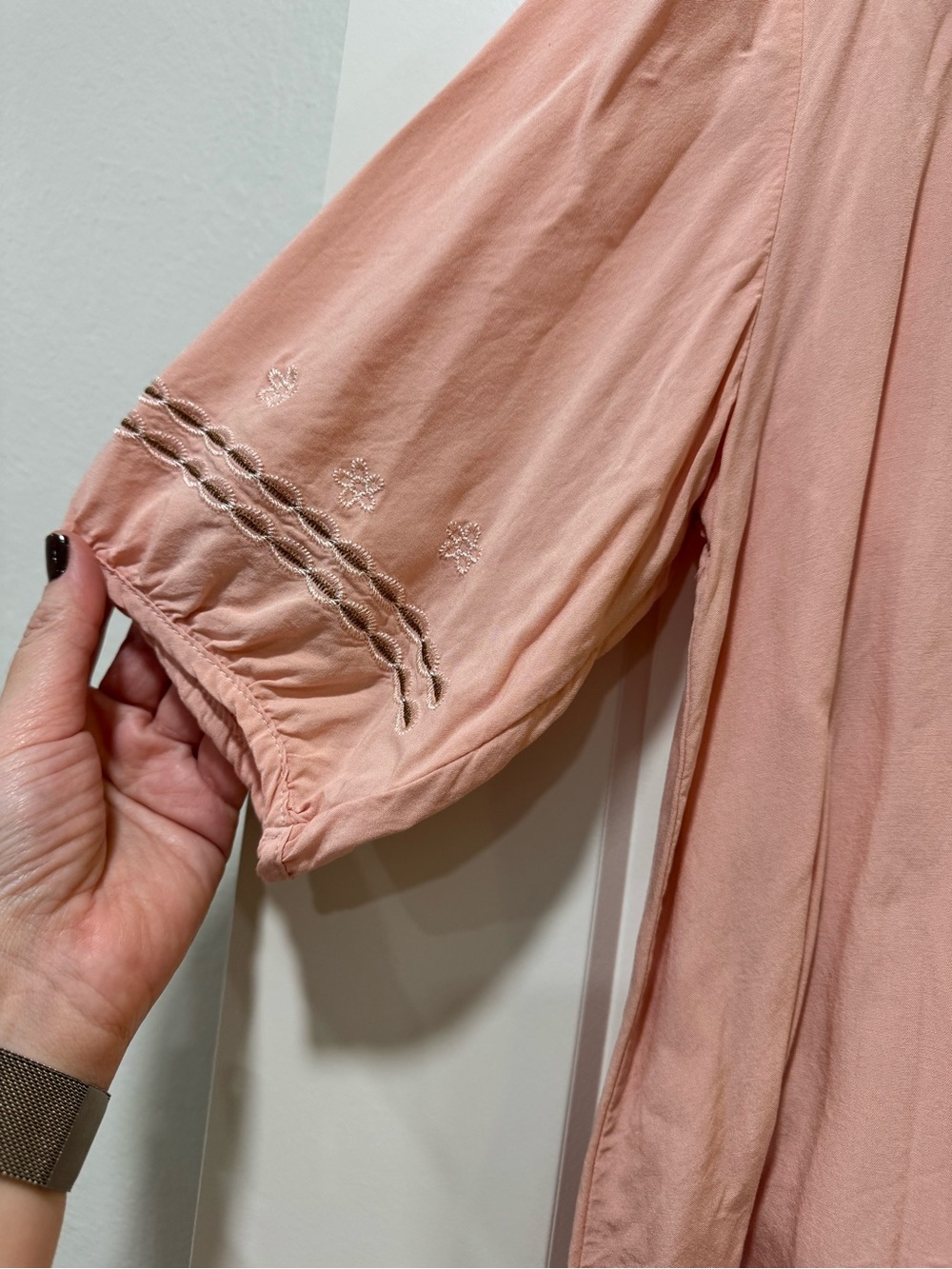Women's Lightweight Pink Blouse with Embroidered 3/4 Sleeves - Picture 3 of 4